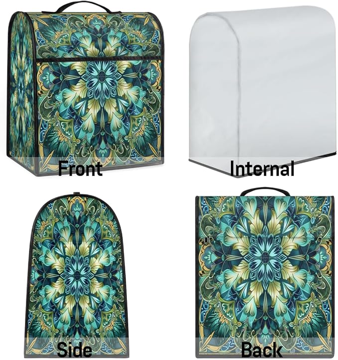 Kitchen Aid Mixer Cover Turquoise Mandala Flower Stand Mixer Cover Compatible with 6-8 Quarts Stand Mixers Dust Covers with Zipper Pocket Foldable Washable Kitchen Aid Organizer Bag