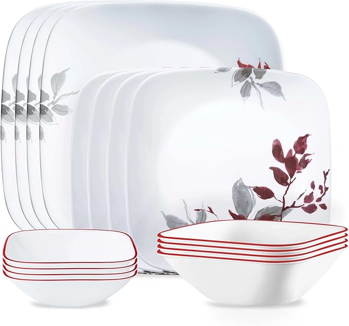 Corelle Kyoto Leaves 16pc Service for 4 Dinnerware Set 8 plates bowls Chip &amp Break Resistant Dinner and Corelleware White
