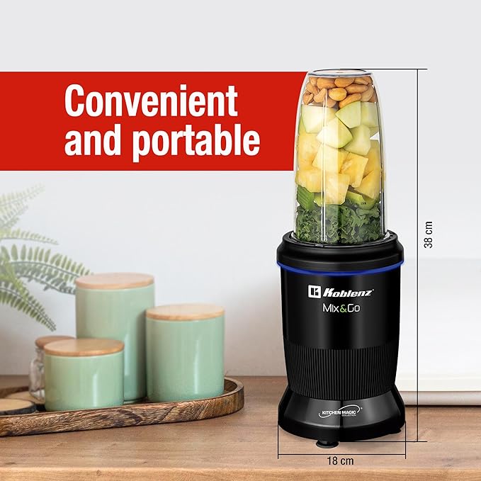 Koblenz Mix&ampGo Personal Blender 1000W Portable Blender for Shakes and Smoothies 6 Stainless Steel Blades Auto-Stop 30 oz BPA-Free To-Go Cup Recipe Book Easy to Clean 6-Piece Kit Black BKM