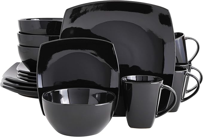 Gibson Elite Soho Lounge Square Reactive Glaze Stoneware Dinnerware Set Service for 4 (16pc) Black