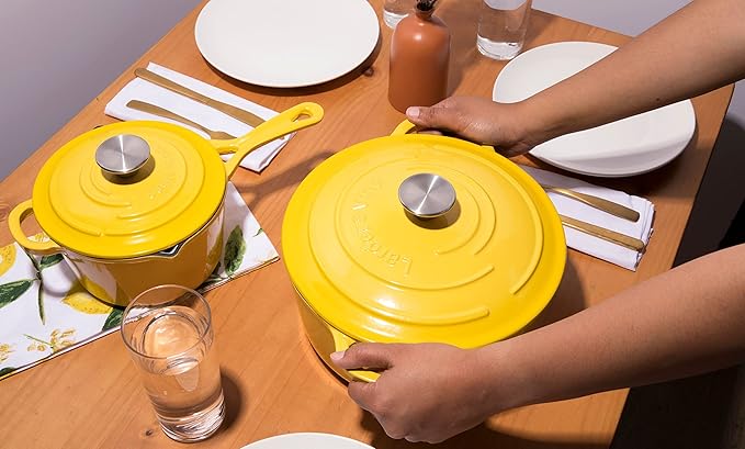 Larder &amp Vine 5-Piece Enameled Cast Iron Cookware Set - Includes 5.7 Quart Dutch Oven with Lid 10.25 Inch Skillet 2.2 Quart Saucepan with Lid (Limoncello)