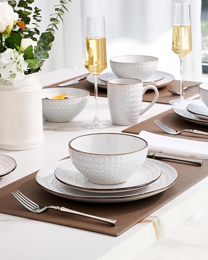 Famiware Eden Plates and Bowls Sets Stoneware Dinnerware Sets with Gold Trim 12 Pieces Dishes Set for 4 - Chip and Scratch Resistant Microwave and Dishwasher Safe White Circle