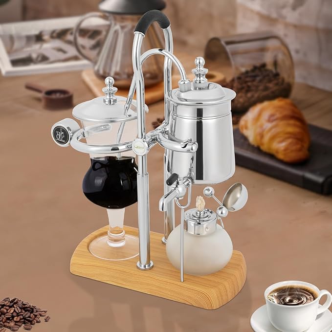 Belgium Family Balance Syphon Coffee Maker Belgian Siphon Unique Gravity Vintage Coffee Maker acuum Brewing System with Tee Handle (Silver)
