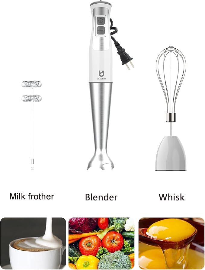 Immersion Hand Blender UTALENT 3-in-1 8-Speed Stick Blender with Milk Frother Egg Whisk for Smoothies Coffee Milk Foam Puree Baby Food Sauces and Soups - White