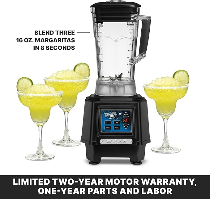 Waring Commercial TBB160P6 TORQ 2 Horsepower Blender Electronic Keypad with 60-Second Countdown Timer and a 64 oz. BPA Free Copolyester Container 120V 5-15 Phase Plug