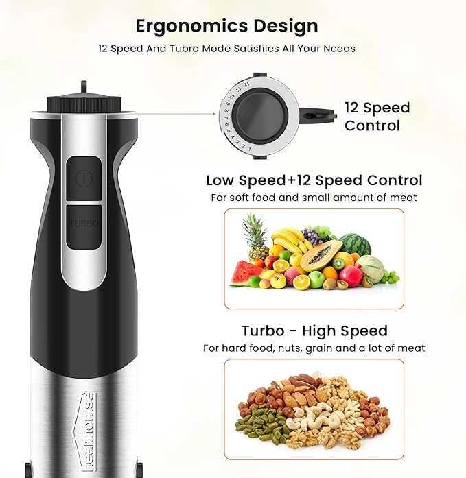 healthomse 5-In-1 Immersion Blender 800W 12-Speed Stainless Steel Hand Blender with Milk Frother Egg Whisk BPA-Free 500ml Chopper and 700ml Beaker with Lid for Soup Smoothie Baby Food