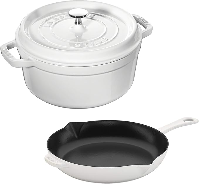 Staub Cast Iron 3-pc Cocotte and Fry Pan Set-White Made in France