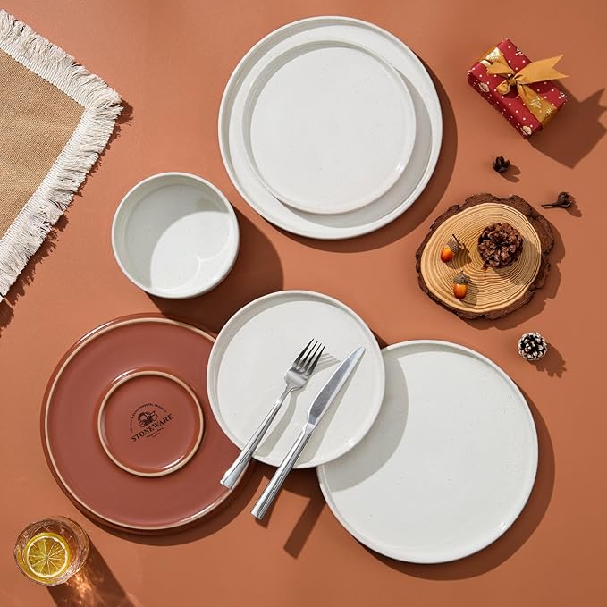 LIANYU Stoneware Dinnerware Sets Service for 6 18 PCS Plates and Bowls Sets Handmade Ceramic Dish Set Highly Chip and Crack Resistant Modern Plate Set Cloud White