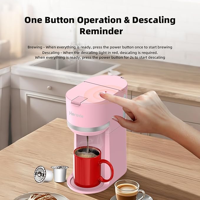 Mini Single Serve Coffee Maker for K Cup and Ground Coffee Fast Brew One Cup Coffee Machine with Descaling Reminder and Water Window 6 to 12 oz. Brew Sizes Pink