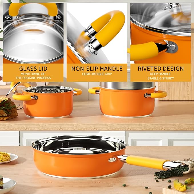 Pots and Pans Set Stainless Steel Orange Cookware Set of 6 4 3 QT Steamer Pot Frying Pan Compatible with All Stovetops Gift for Kitchen Decor