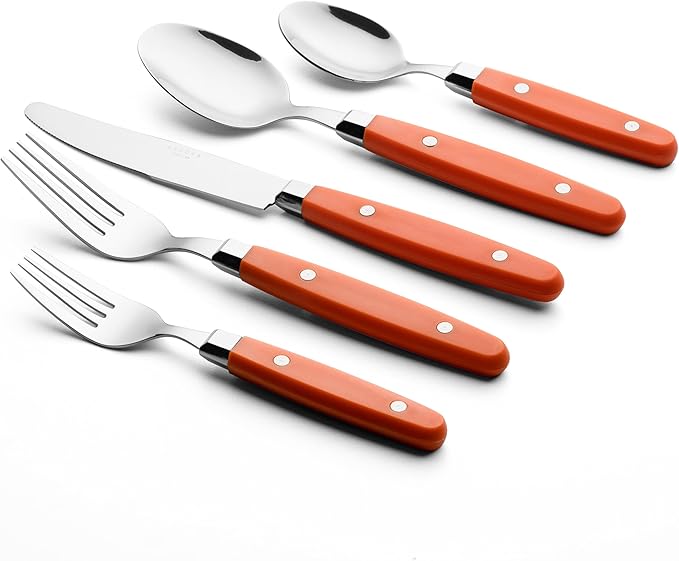 ANNOVA Silverware Set Retro/Rivet Colorful Stainless Steel Tableware Kitchen Flatware Set Utensils Includes Dinner Knives Forks Spoons Salad Forks &amp Dessert Spoons (Orange 20 Pieces)