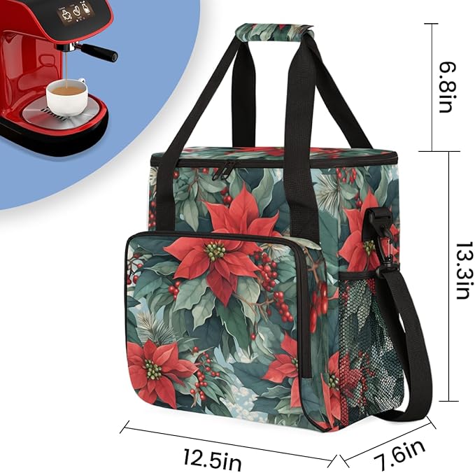 Holly Berry Flowers Coffee Maker Carrying Bag Gothic Flowers Travel Storage Bag Compatible with K-Mini or K-Mini Plus Single Serve Coffee Brewer Carrying Case with Multiple Pockets &amp Shoulder St
