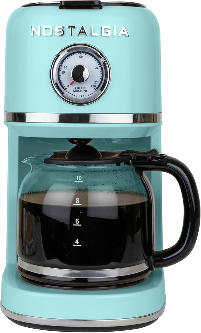 Nostalgia Classic Retro 10 Cup Coffee Maker - One-Touch Drip Brew Reusable Filter - Anti-Drip Auto Shutoff &amp Time Display - Dishwasher Safe 50 oz Carafe - Aqua