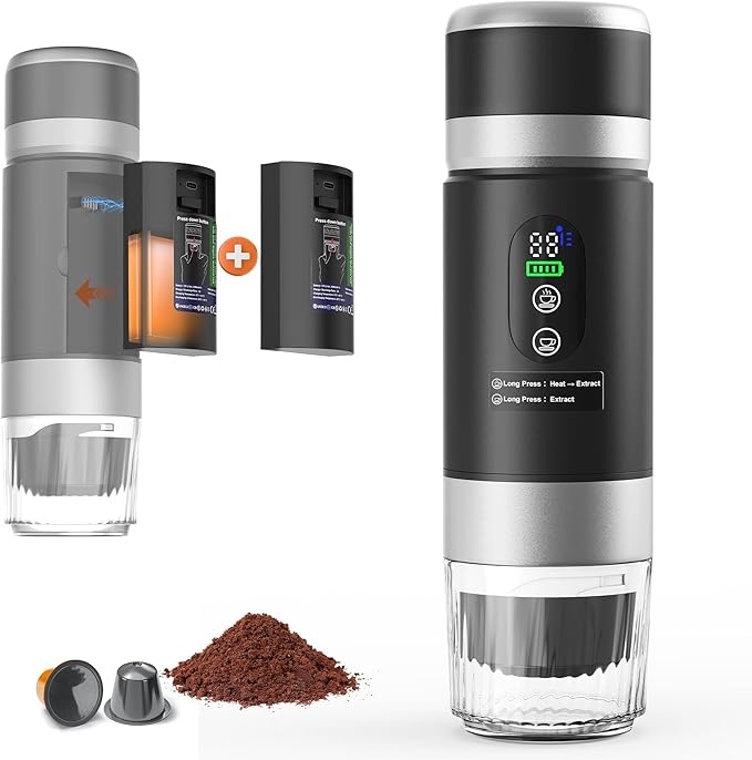 Portable Coffee Machine w/ 2 Rechargeable Batteries 8 Cups 80ml Self-Heating 20bar USB-C Espresso coffee Maker for Camping Travel Office Ground &amp Capsule Compatible