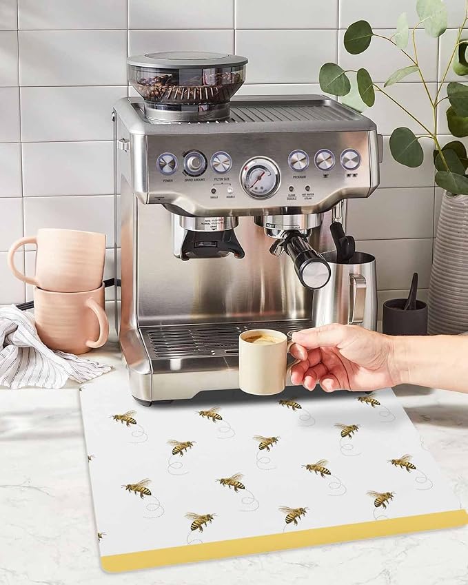 Coffee Mat for Counter Spring Bees Pattern Yellow Stripes Absorbent Hide Stain Coffee Bar Mat Non-slip Coffee Bar Accessories Kitchen Drying Mat Fit Under Coffee Maker Espresso Machine