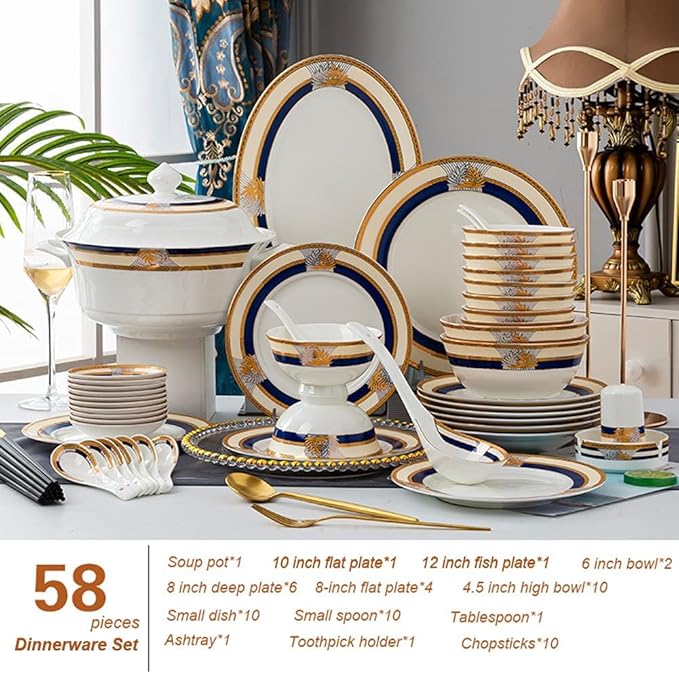 58 Piece Porcelain Dinner Sets High Temperature Resistance Bone China Dinnerware Set Ceramic Plates and Bowls Sets Service for 6-10
