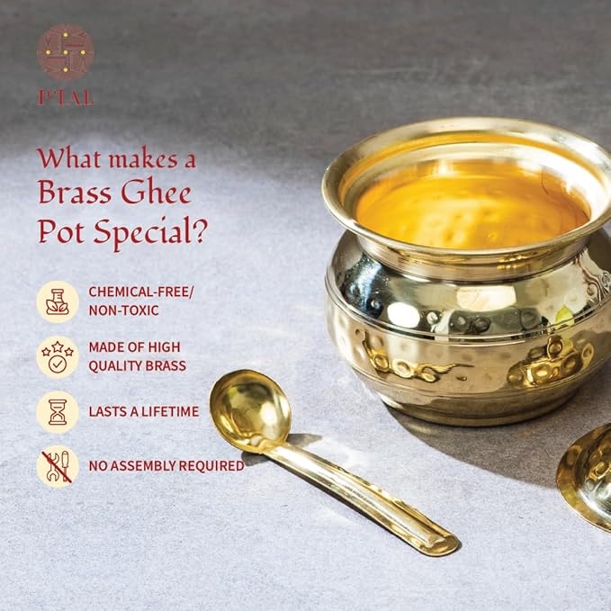 P-TAL Set of Brass Dosa Tawa + 250ml Brass Ghee Pot with Spoon Cookware Set Non-Toxic and Teflon Free Combo Ptal Utensils 12 in Dosa Tawa and 250 ml Golden