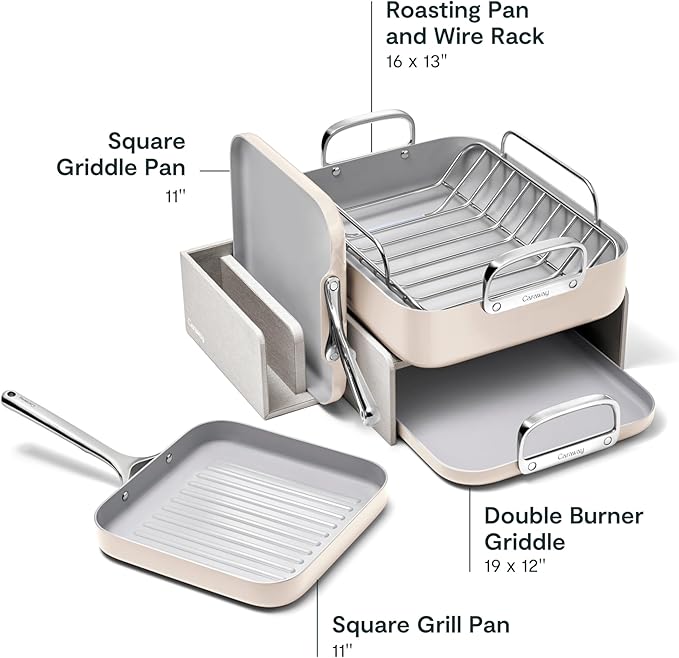 Caraway Square Cookware Set - Square Pans Set - Perfect for Griddling Toasting Searing Roasting and More - Non-Stick Ceramic Coated Pans - Non Toxic PTFE &amp PFOA Free - Cream