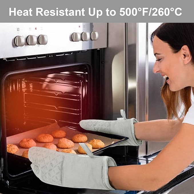 KEGOUU Oven Mitts and Pot Holders 6pcs Set Kitchen Oven Glove High Heat Resistant 500 Degree Extra Long Oven Mitts and Potholder with Non-Slip Silicone Surface for Cooking （Greenish Gary）