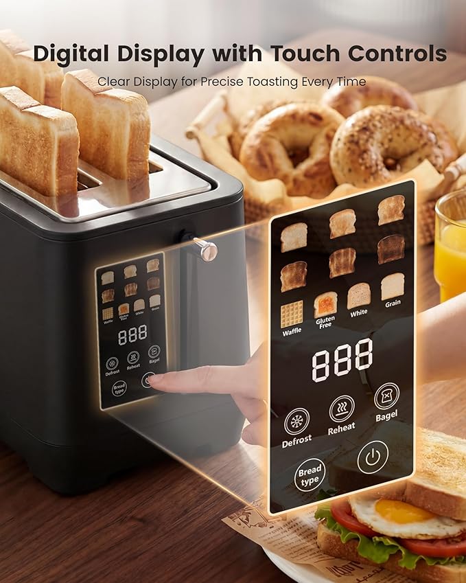 4 Slice Toaster Long Slot Touch Screen Retro Toaster with Digital Countdown Extra-Wide Slots for Bagels &amp Artisan Bread 6 Browning Levels 5 Bread Modes Defrost Reheat Cancel Stainless Steel