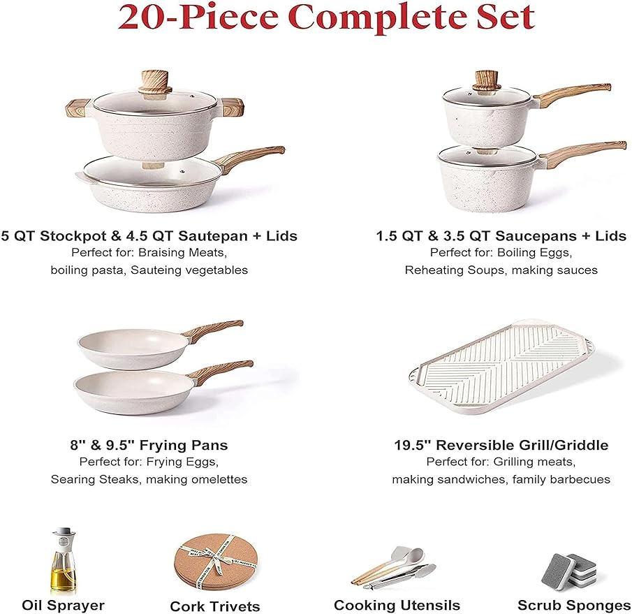 20 Pcs Pots and Pans Set Kitchen Nonstick Cookware Sets Granite Frying Pans for Cooking Marble Stone Kitchen Essentials Dishwasher SafeCompatible with All Stovetops (Granite-White)