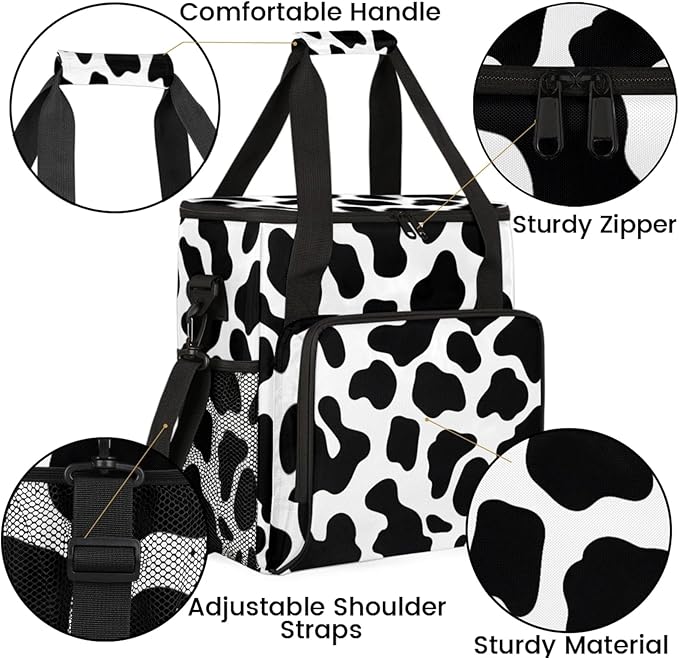 Cow Pattern Coffee Maker Travel Bag for Keurig K-Mini/K-Mini Plus Insulated Waterproof Tote with Pockets for K-Cup Portable Single-Serve Brewer Case