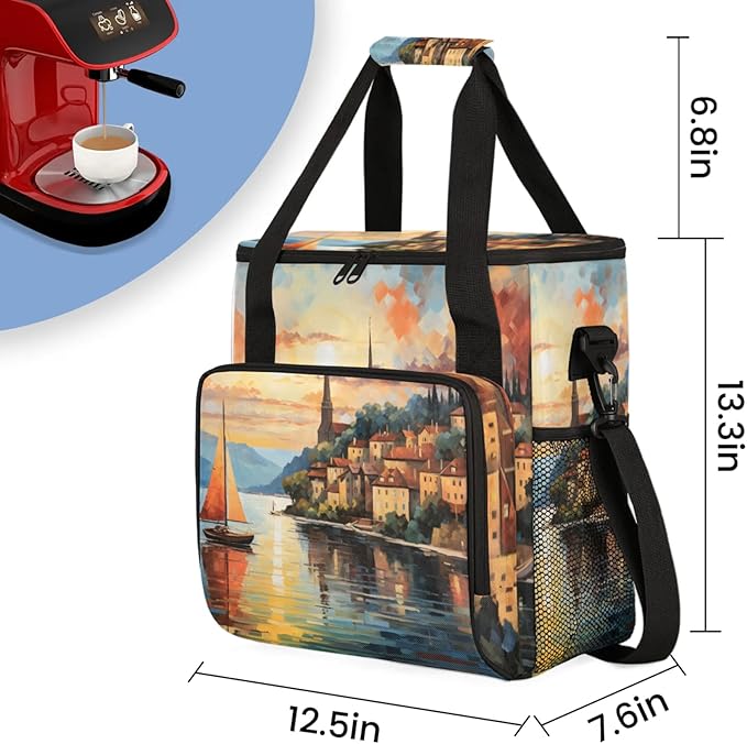 Seaside House Coffee Maker Travel Bag for Keurig K-Mini/K-Mini Plus Insulated Waterproof Tote with Pockets Portable Single-Serve Brewer Case