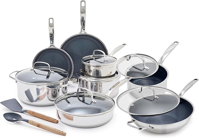 Blue Diamond Hybrid Nonstick Stainless Steel 16 Piece Cookware Set Tri-Ply PFAS-Free Ceramic Diamond Bond Pots &amp Pans Dishwasher &amp Oven Safe to 850F Induction Ready Metal Utensil Safe Sil