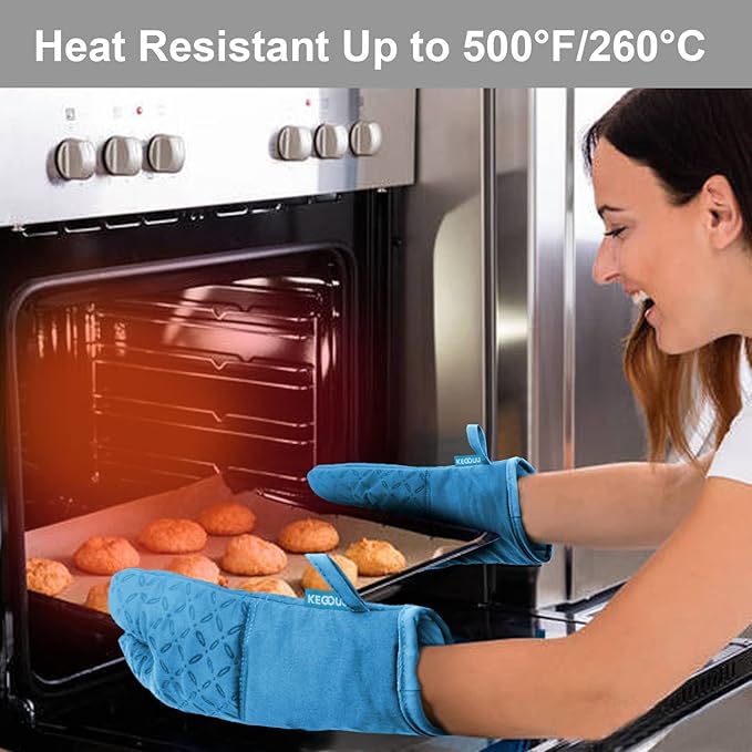 KEGOUU Oven Mitts and Pot Holders 6pcs Set Kitchen Oven Glove High Heat Resistant 500 Degree Extra Long Oven Mitts and Potholder with Non-Slip Silicone Surface for Cooking (Sky Blue)