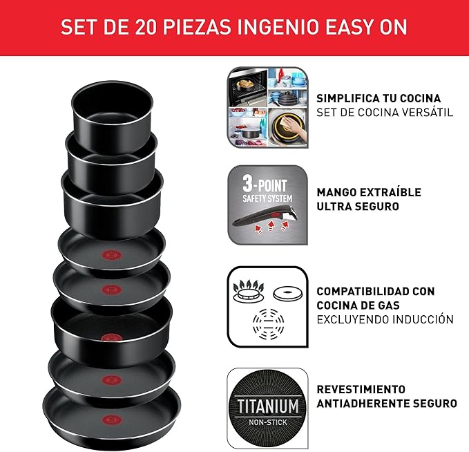 Tefal Ingenio Easy ON Non-Stick 20 piece Pan Set 22&amp24&amp26&amp28 cm Frying Pans 16&amp18&amp20 cm Saucepans 24 cm Sautepan 16&amp18&amp20 cm Lids Draining Lid Anti-Splatter Lid 5 Ut