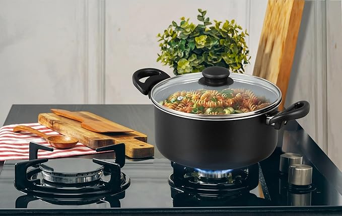 Black 7 Piece Non Stick Aluminum Pots and Pans Set Includes 1QT 2QT Saucepan 4QT Dutch Oven 8 Frying Pan with Lids Dishwasher Safe Cookware for Even Heat Cooking (Black)