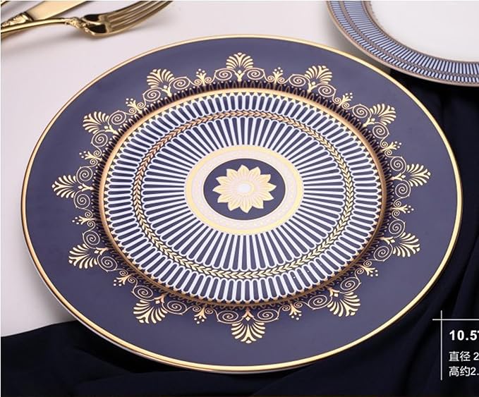 European Style Dinnerware Set Service for 4 Bone China Dinnerware Sets Unbreakable Porcelain Dinner Sets Coffee Cup and Saucer Tableware Set Steak Dinner Plates Dish Set Blue Gold