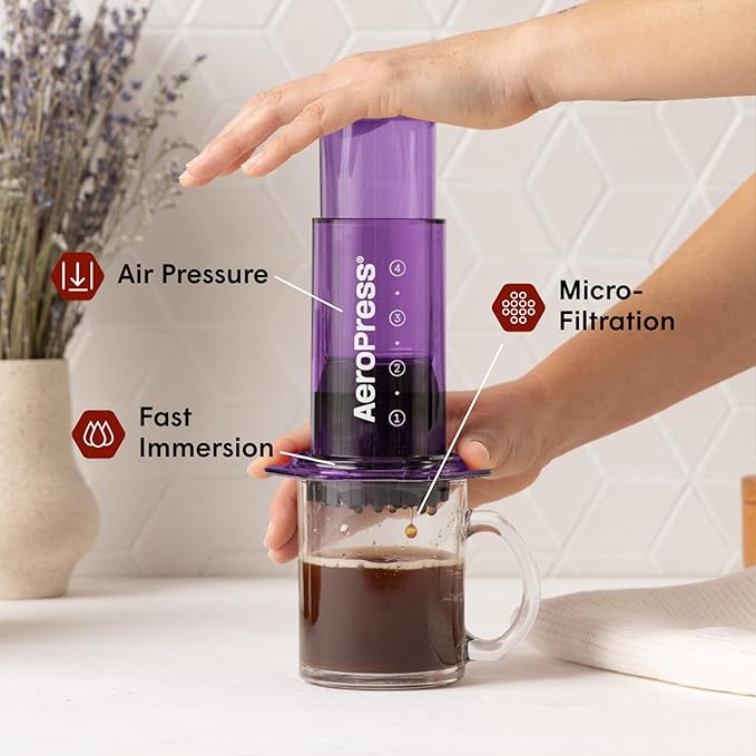 AeroPress Clear Purple Coffee Press - All-in-One French Press Pour-Over &amp Espresso Style Manual Brewer 2 Min Brew for Less Bitterness More Flavor Small Portable Coffee Maker Travel &amp Camp