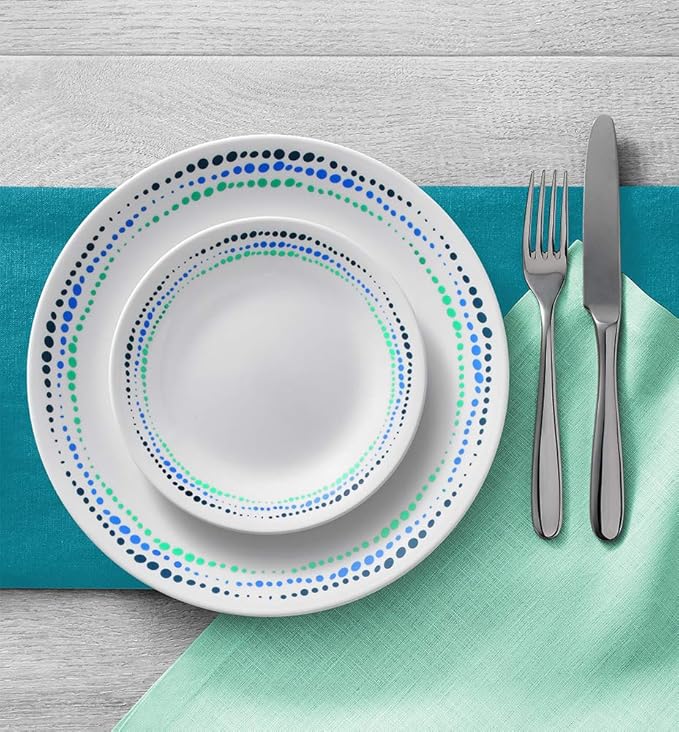 Corelle Vitrelle 18-Piece Service for 6 Dinnerware Set Triple Layer Glass and Chip Resistant Lightweight Round Plates and Bowls Set Ocean Blue
