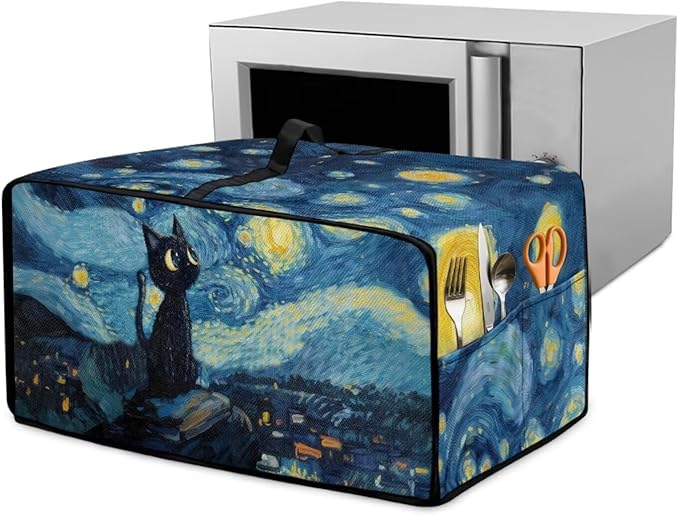 Starry Cat Print Toaster Oven Dust Cover Heavy Duty Bread Maker Machine Covers Machine Washable Small Kitchen Appliance Dust Covers with Accessory Pockets L