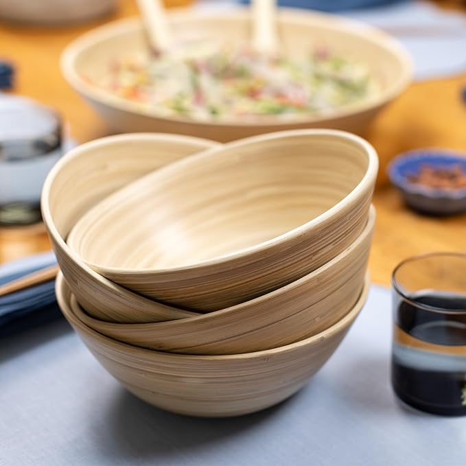 LEXA 8-Piece Handcrafted Bamboo Plate &amp Bowl Set Four 12” Serving Plates and Four 8” Bowls Spun Bamboo Dinnerware for Everyday Meals Entertaining &amp Home Décor (Natural)
