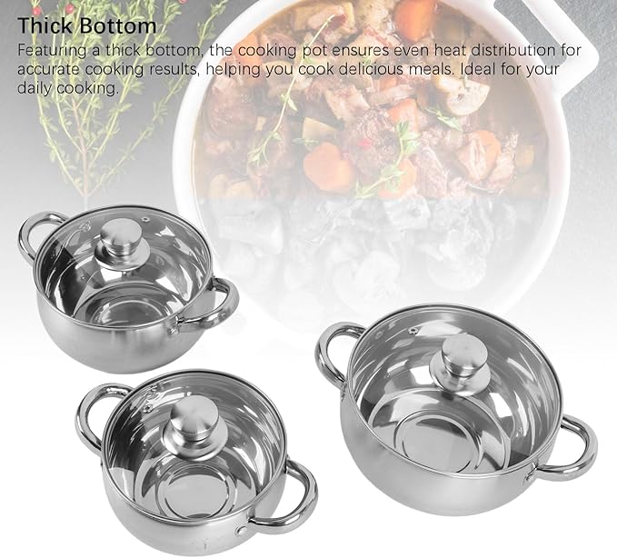 Stainless Steel Soup Pot Set 3 Piece Kitchen Cookware Sets Thick Bottom Anti Stick Cooking Pot Set with Glass Lids Stay Cool Handle Works with Induction Electric and Gas Cooktops