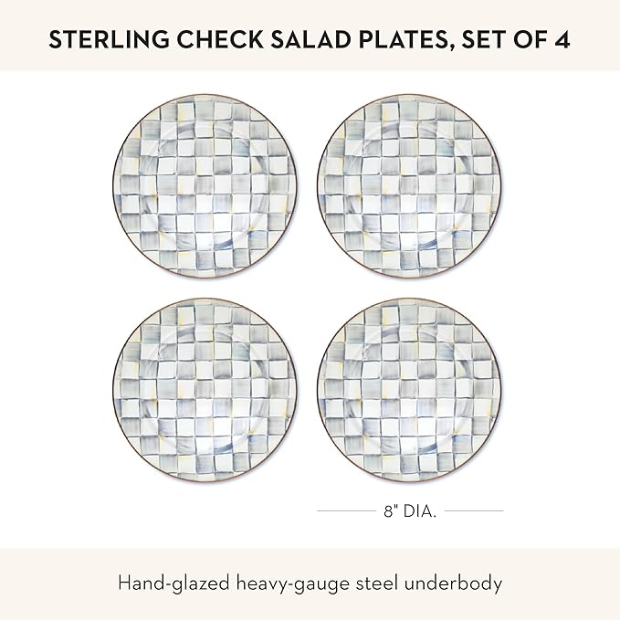 MACKENZIE-CHILDS Enamel Salad and Dessert Plate Small Plate for a Dessert or Appetizer Dish 8 Inches Set of 4 Gray-and-White Sterling Check