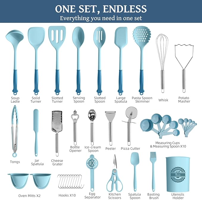 Kikcoin 43Pcs Large Kitchen Utensils Set - Silicone Cooking Utensils Set Dishwasher Safe Spatula Set for Non-stick Cookware 446°F Heat Resistant Kitchen Utensils Set with Holder BPA Free Blue