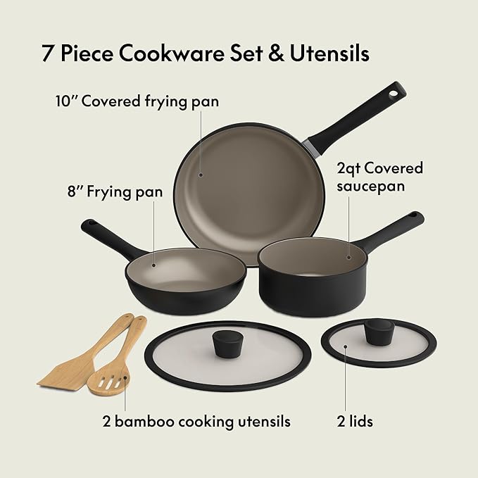 bella 7 Piece Cookware Set with EverGood™ Ceramic Nonstick Coating Dishwasher Safe Oven Safe All Stovetops Compatible Glass Lids with Silicone Rims Cool Touch Handles Black
