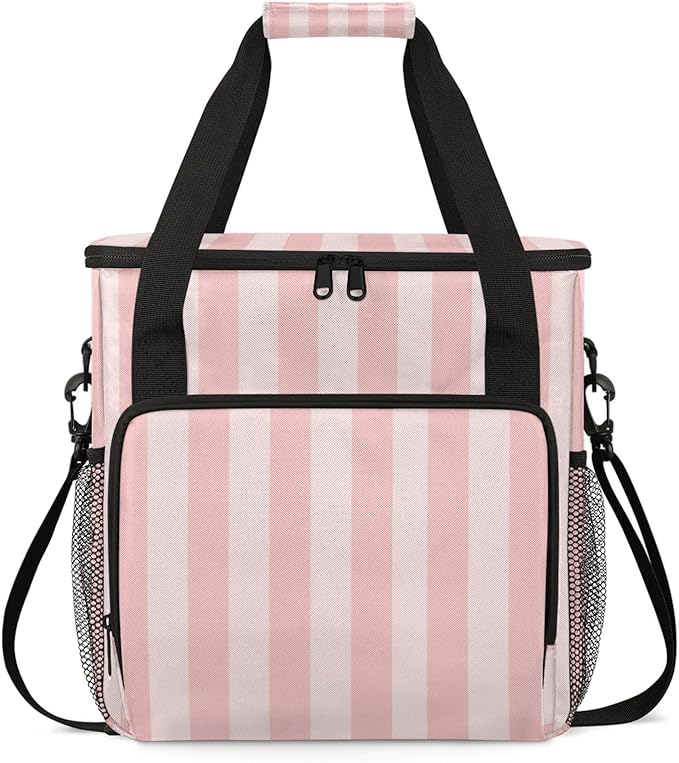 Pink Stripes Travel Coffee Maker Carrying Bag Large Organizer Storage Tote Bag Insulated Reusable Cooler Grocery Bags