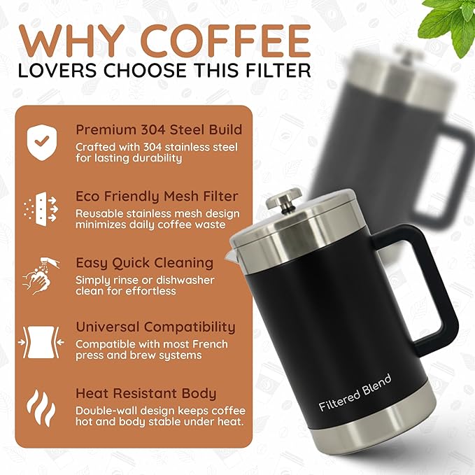 1.6L French Press Coffee Maker 54oz Large Capacity French Press Stainless Steel Brewer with Double Filter Mesh for Kitchen Travel Camping Hot &amp Cold Brew Coffee Maker Gifts (Black)