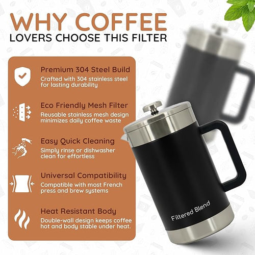 1.6L French Press Coffee Maker 54oz Large Capacity French Press Stainless Steel Brewer with Double Filter Mesh for Kitchen Travel Camping Hot &amp Cold Brew Coffee Maker Gifts (Black)