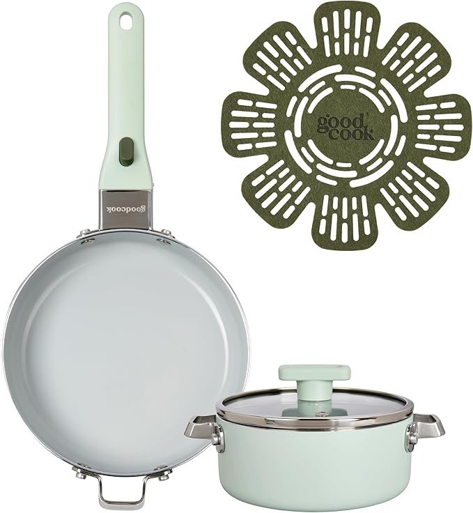 GoodCook Ceramic Cookware Set 5-Piece with Removable Handle Induction Compatible Nonstick and Oven Safe with 8-Inch Frypan Sage Green
