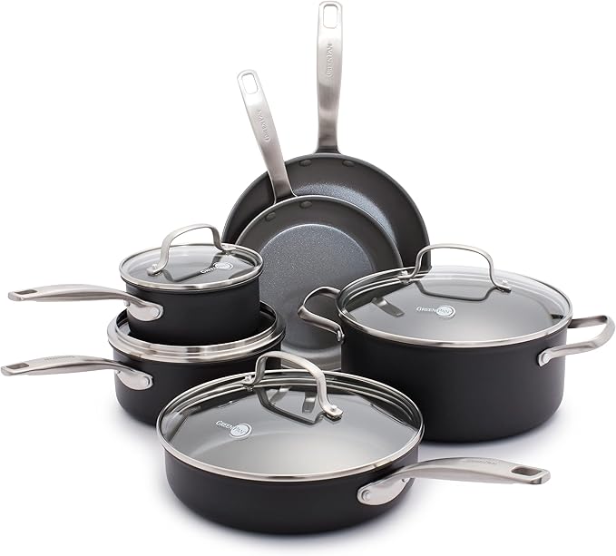 GreenPan Chatham Hard Anodized Healthy Ceramic Nonstick 10 Piece Cookware Pots and Pans Set &amp Chatham Hard Anodized Healthy Ceramic Nonstick 11 Grill Pan PFAS-Free Dishwasher Safe