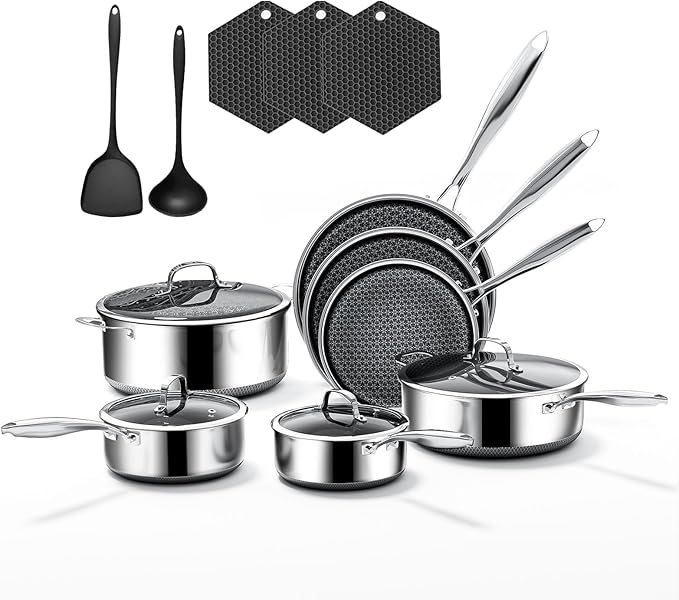 16-Piece 5 Ply Stainless Steel Cookware Set with Lids Pots and Pans Set Non Stick Non-Toxic for Induction Oven Dishwasher Safe RV Essentials Kitchen Appliances