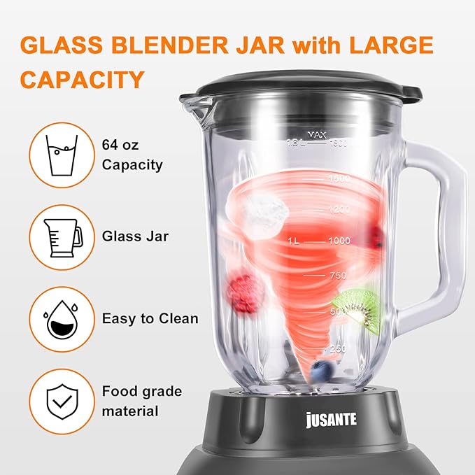 Blender with 64 oz Glass Jar - 1200W High Speed Juicer Blender for Smoothies Shakes &amp Frozen Drinks (Black)