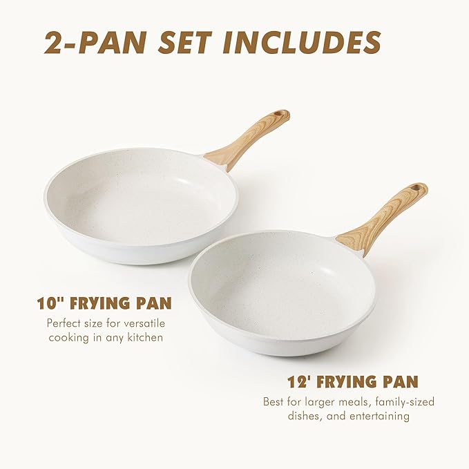 SENSARTE Nonstick Frying Pan Skillets White Ceramic Coating Omelette Pans Healthy Cookware Chef's Pan Free of Intentionally Added PTFE &amp PFAS (10+12 Inch)