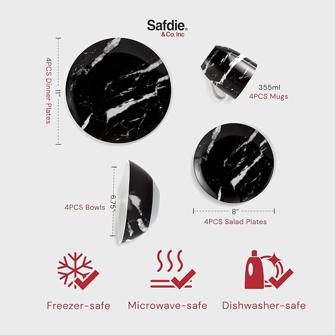 Safdie &amp Co. - Black Marble 16-Piece Dinnerware Set Porcelain Modern Dishwasher Safe