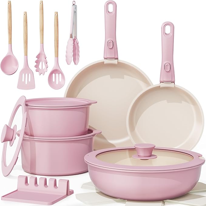 Astercook 20 Pcs Ceramic Pots and Pans Set Nonstick Cookware Set with Detachable Handles Oven Safe to 480°F Induction Compatible Stackable RV Kitchen Cooking Set Pink